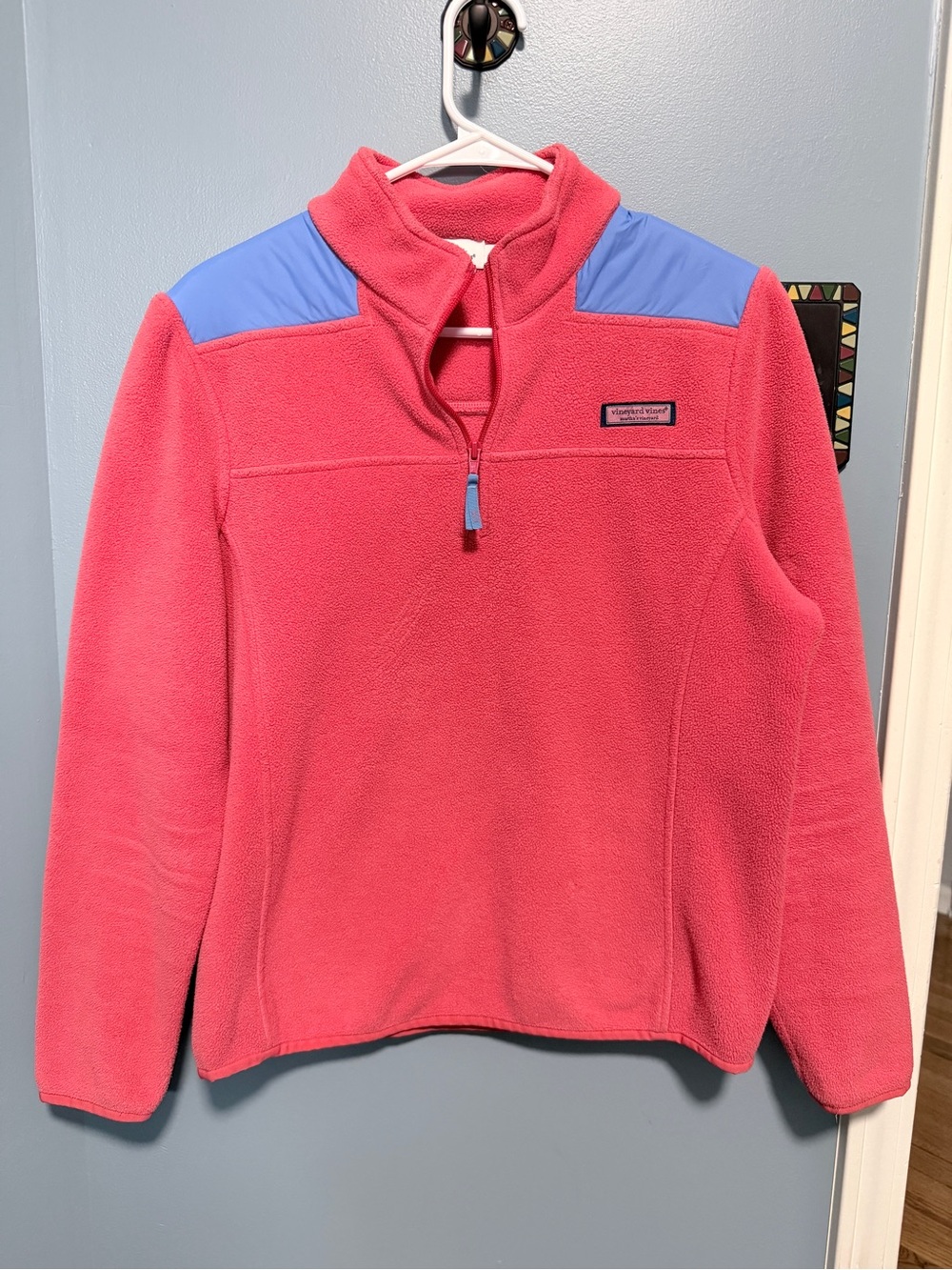 Vineyard Vines Coral Pink Half-Zip Fleece with Periwinkle Shoulder Panels